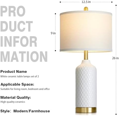 26“ White Ceramic Table Lamps for Living Room, Modern Ceramic Lamps Set of 2, Tall Bedside Lamp for Nightstand, Classic Farmhouse Bedroom Lamp for Desk Side End Table Home Decor