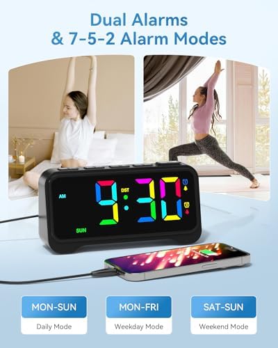 Alarm Clock for Kids Teens, Dynamic RGB Alarm Clock for Bedroom Bedside