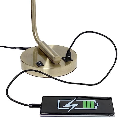 Simple Designs LD1066-ABS-LB Industrial Vintage Bronson Iron Lantern Desk Table Lamp with USB Port and Glass Cylinder Shade for Office, Living Room, Bedroom, Antique Brass, With Feit LED Bulb Included