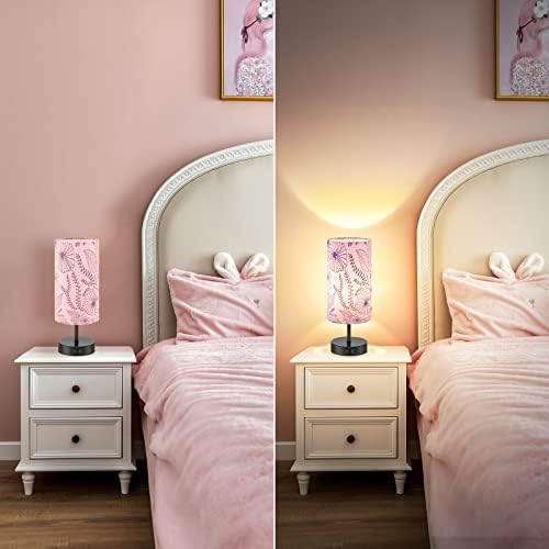 Bedside Table Lamp, Modern Touch Control Desk Lamp with 2 USB Ports & Round Flower Linen Fabric Shade, 3 Way Dimmable Small Nightstand Lamp for Bedroom Living Room Home Office Pink(LED Bulb Included)