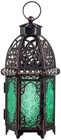 NEEDOMO Hanging Moroccan Lantern, 12.8'' Vintage Candle Holder, Metal Lanterns Decorative Indoor Outdoor, Table, Patio, Porch, Shelf, Gothic Home Decor (Green, Large Size)