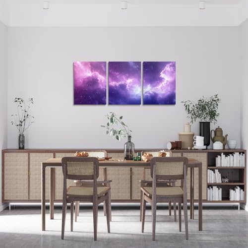 Feelyou Purple Galaxy 3 Piece Canvas Wall Art for Living Room Bedroom 3D Printed Space Wall Art for Home Decor Dreamy Nebula Office Decor Artwork Outer Space Picture Painting Posters