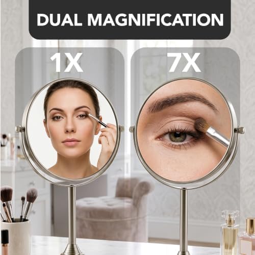 OVENTE 7" Tabletop Magnifying Makeup Mirror, Nickel Brushed MNLCT70BR1X7X | Double Sided Vanity Standing Mount Mirror with 1X/7X Magnification, 360° Rotation, Perfect for Dresser Bedroom Office Desk