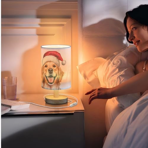 Christmas Golden Retriever Dog Santa Hat Bedside Table Lamps with USB Port for Bedroom Lamp Small Nightstand Lamp Sturdy Linen Shade Wooden Decorative Lamps for Nursery Kids Reading Dorm Home