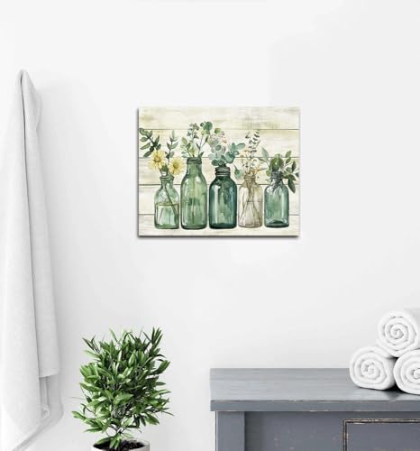 Yaoliyu Rustic Bathroom Decor Eucalyptus Flower Canvas Wall Art Green Botanical Prints Plant Floral Glass Vase Painting Bathroom Picture Wall Decor Farmhouse Artwork 16x20inch
