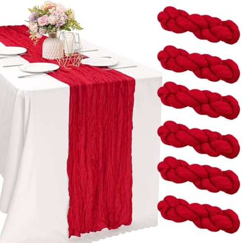 6 Pieces Red 10FT Cheesecloth Table Runner Boho Gauze Fabric Table Runner Rustic Sheer Runner for Wedding Birthday Baby Shower Party Boho Table Decoration