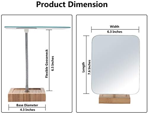 YEAKE Flexible Gooseneck Bamboo Vanity Makeup Mirror,360°Rotation 8" Large Frameless, Folding Portable Table Desk Mirror with Stand for Bathroom Shaving Make Up, Rectangle