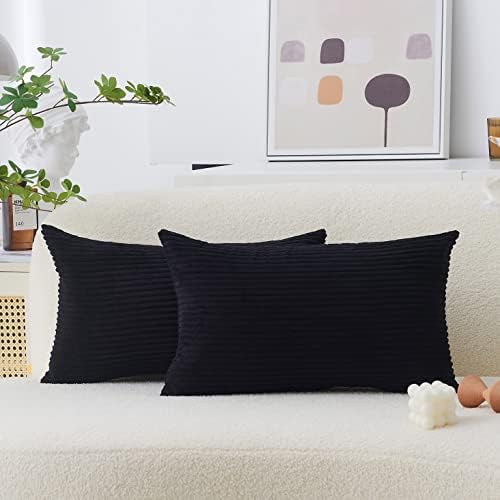 Home Brilliant Rectangle Throw Pillow Covers Super Soft Decorative Striped Corduroy Solid Cushion Covers Oblong Throw Pillowcases for Lumbar, 12 x 20 inch, Black