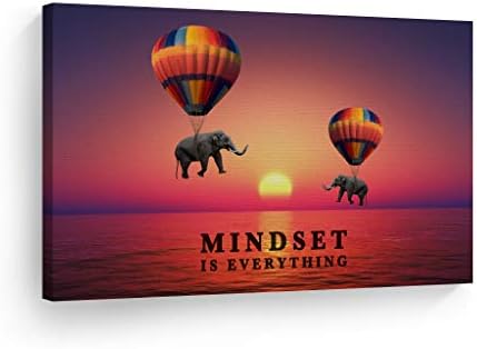 Smile Art Design Mindset is Everything Elephant with Balloon in Sunset Motivational Wall Art Canvas Print Inspirational Wall Art Entrepreneur Quote Office Living Room Decor Gift Ready to Hang 15x22