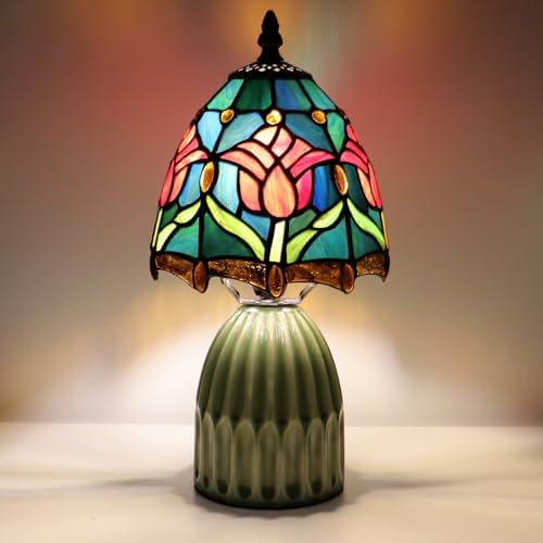 Tiffany Stained Glass Mushroom Table Lamp 12.5 Inch -Blue Red Tulips