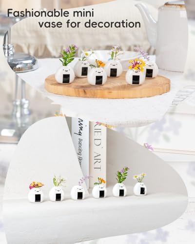6 PCS Cute Handmade Ceramic Mini Vases - Japanese Onigiri Rice Ball Design for Dried Flowers and Small Stems, Adorable Mini Table Decor, Unique Japanese Craft Gift