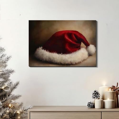 Red Christmas Wall Art - Santa hat Christmas Pictures Wall Decor For Bedroom 8x12inch, Vintage Winter Prints Holiday Poster, Framed Artwork Merry And Bright Home Decorations Indoor