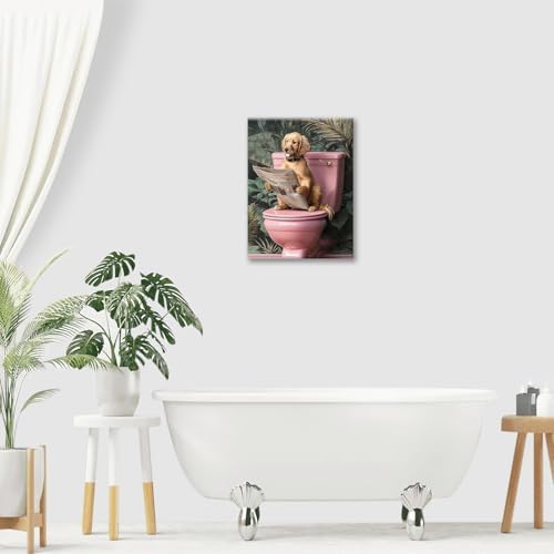Crekviy Funny Golden Retriever Bathroom Decor Wall Art Dog Sitting on Toilet Pictures Cute Puppy Canvas Prints Painting Animal Restroom Artwork Home Decorations Framed Dog Gifts 16"x24"