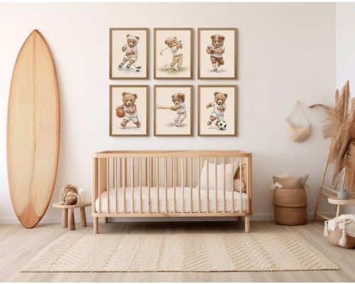 Nursery Teddy Bear Wall Decor Boy Room Wall Art Baby Canvas Prints Vintage Sports Decor Pictures Teddy Bear Poster Nursery Painting for Playroom Bedroom 8x10 Inch Framed Set of 6