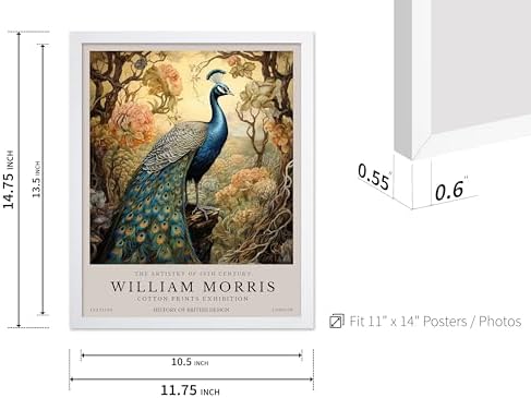 Poster Master William Morris Poster - Peacock Print - Bird Art - Botanical Design - Flower Art - Exhibition Display - Animal Illustration - Floral Design - Aesthetic Office or Bedroom Decor - 11x14 White Framed