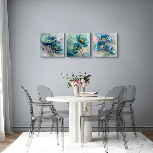 NAN Wind 3Pcs Blue Teal Poppy Flower Wall Art Canvas Print with Gold Accents Modern Botanical Floral Contemporary Watercolor Style Elegant Flower Artwork for Living Room Bedroom Home Office Wall Decor