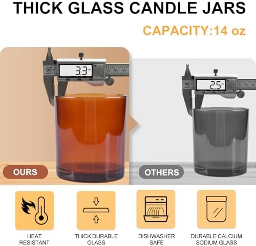 SHOWIN 14 OZ Thick Candle Jars for Making Candles 12 Pcs, 3 Wick Empty Jars with Wood Lids for Candle Making, Sample Container,Clear Brown