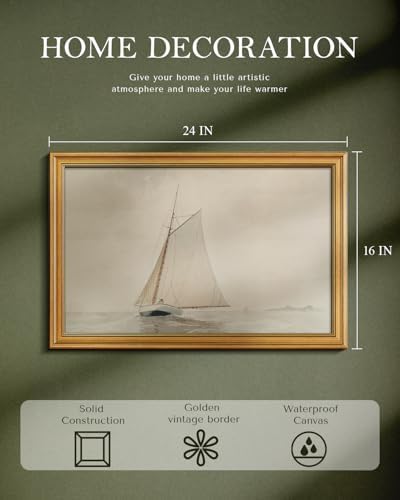 WHASAYART Gold Framed Vintage Wall Art for Living Room, Seaview Painting Prints Shelf Decor for Kitchen, Aesthetic Bedroom Large Wall Art, Gifts for Friends or Family (White Sailboat - 16"x24")