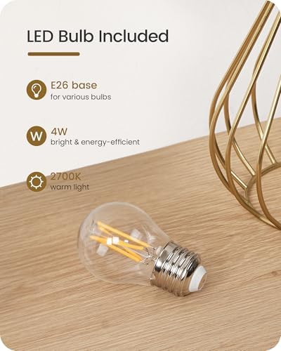 Gold Table Lamp, 12.6'' Small Table Lamp with Beige Linen Lampshade & Gold Cage Base, Modern Little Cute Desk Lamp, Bedside Lamp for Bedroom, Living Room, 2700K LED Bulb Included, DE06TL05
