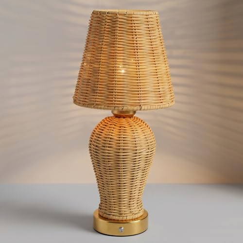 Boho Rattan Rechargeable Cordless Table Lamp, Touch Dimmable Battery Operated Table Light, for Patio Restaurant Kitchen Dining Room (Rattan Lampshade)