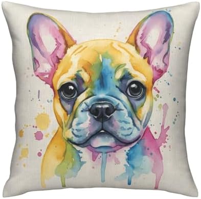 Watercolor Colorful French Bulldog Pillow Cover