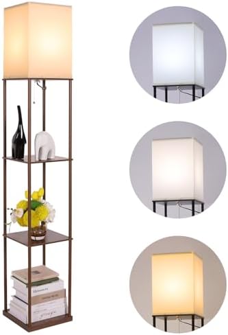 Gupuzm Floor Lamp with Shelves, Modern Square Standing Lamp with 3 Color Temperature Bulb, Corner Display Bookshelf Lamp for Living Room, Bedroom and Office (Brown-9)