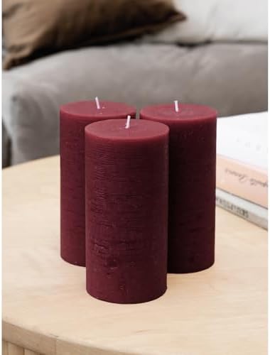 CANDWAX Large Pillar Candles 3x6 Inch – Set of 3 Unscented Dripless Burgundy Candles, Long Burning Rustic Finish for Weddings, Home Decor