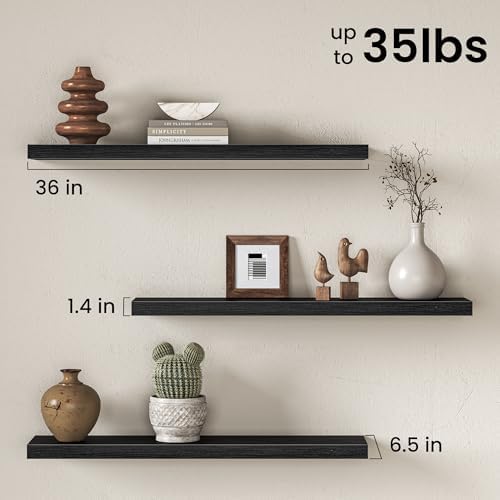 36 Inch Floating Shelves for Wall, Rustic Wood Wall Mounted Deep Storage Shelves with Invisible Brackets, Large Decorative Display Ledge for Living Room Bedroom Bathroom and Kitchen, Set of 2, Black
