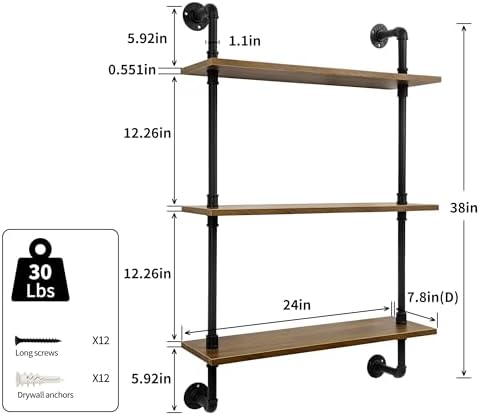 3-Tier Industrial Pipe Floating Shelf – Rustic 24 inch Wood Wall-Mounted Storage Shelf for Kitchen Office,Bathroom & Home Decor -Walnut