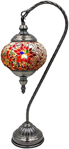 SILVERFEVER Handcrafted Mosaic Turkish Lamp Moroccan Glass Table Desk Bedside Light Bronze Base with E12 Bulb (Star of David Burgundy Lattern)