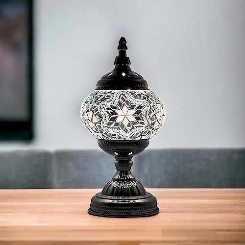 SILVERFEVER Handcrafted Mosaic Turkish Lamp Moroccan Glass Table Desk Bedside Light Bronze Base with E12 Bulb (Neutural Wave)