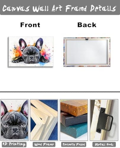 Large French Bulldog Canvas Art Wall Decor Framed Watercolor Bulldog Picture Pet Dog Painting Modern Graffiti Artwork for Living Room Home Office Bathroom Ready to Hang - 28.00"x42.00"