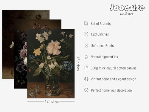 Joocrise Moody Floral Wall Art Painting Set of 6 Dark Academia Wall Decor Vintage Botanical Canvas Wall Art Victorian Flower Art Pictures Vintage Floral Prints for Room Bedroom 12x16 Inch Unframed