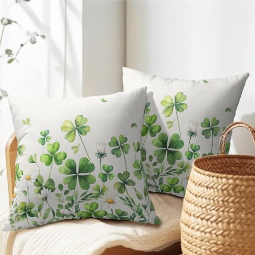 Saint Patrick Day Throw Pillow Covers Lucky Clover Shamrocks Daisy Floral Pillowcase 16x16in Set of 2 Spring St. Patrick's Day Holiday Decorative Cotton-Linen Square Cushion Cases for Home Couch Bed