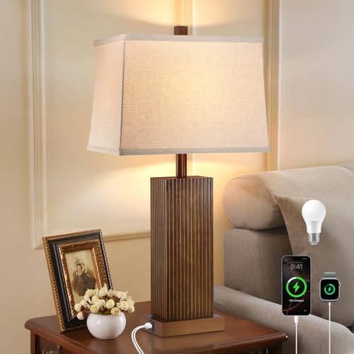 Lovlast 27.5" Wood Table Lamp for Bedroom, Farmhouse Lamp for Living Room
