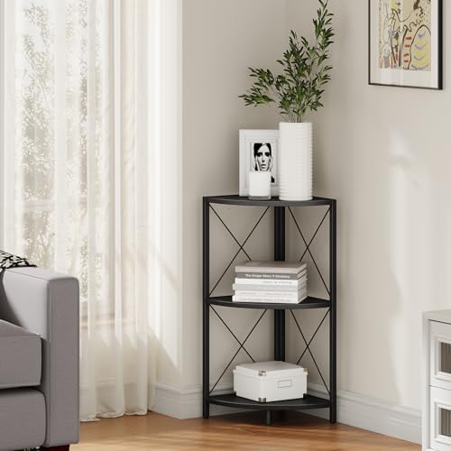 Snughome Corner Shelf with Metal Frame, 3 Tier Corner Storage Organizer, Freestanding Corner Bookshelf Stand Display Rack for Kitchen, Living Room, Black