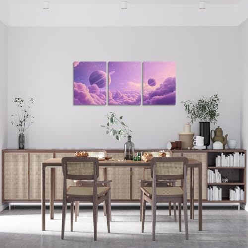 Feelyou Purple Galaxy 3 Piece Canvas Wall Art for Living Room Bedroom Starry Solar System Wall Art for Home Decor 3D Printed Space Office Decor Artwork Dreamy Nebula Picture Painting Posters