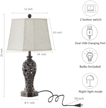 Set of 2 Farmhouse Table Lamps for Living Room with USB C+A Ports
