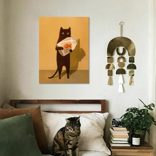 Funny Black Cat Wall Art, Abstract Black Cat and Fish Canvas Poster Print Picture, Cute Animal Wall Decor, Perfect for Cat Lovers for Bathroom Living Room Bedroom Kids Room 12x16in Framed