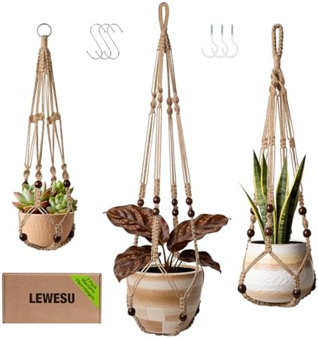 LEWESU 3 Pack Jute Macrame Plant Hanger Indoor 3 Different Sizes Hanging Planter Basket Flower Pot Holder with Wood Beads & No Tassels for Boho Home Decor, 23, 30, 35 Inch, Brown (Pot Not Included)