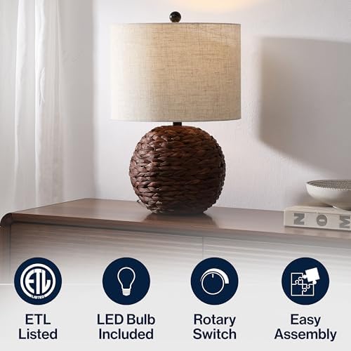 JONATHAN Y Camilo Coastal Woven Rattan Globe Table Lamp 21.5", Dark Brown