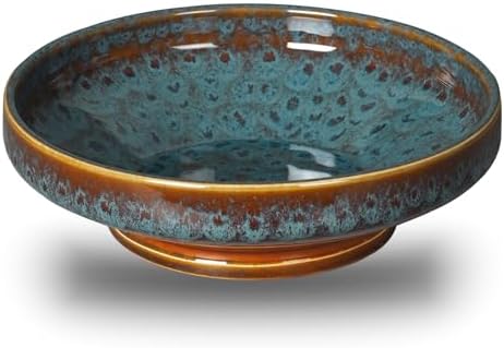 Ceramic Fruit Bowl for Kitchen Counter,Decorative Pedestal Bowl for Table Countertop,Large Footed Serving Bowl,10.2 Inch (peacock Green)