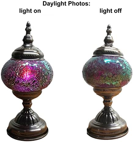 SILVERFEVER Handcrafted Mosaic Turkish Lamp Moroccan Glass Table Desk Bedside Light Bronze Base with E12 Bulb (Deep Pink)