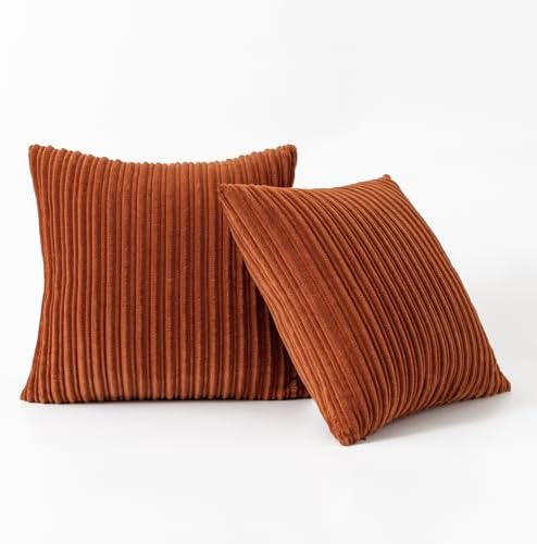 Kevin Textile Striped Corduroy 16”x16” Pillow Covers 2 Pack, Rust