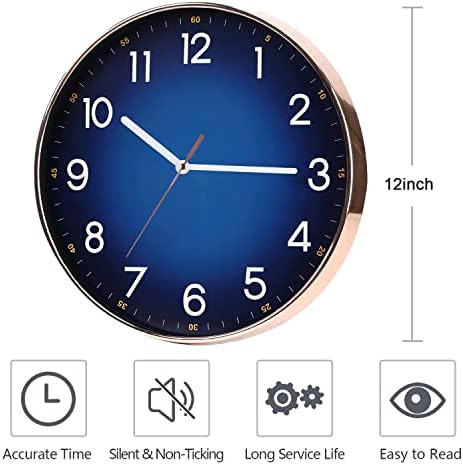 Navy Blue Wall Clock, Quality Quartz Silent Non-Ticking Battery Operated, 12" Modern Round Wall Clocks for Living Room Bedroom Kitchen Home Wall Decor(LJ)