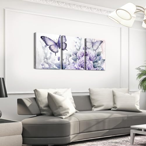 Feelyou Light Purple Rose 3 Piece Canvas Wall Art for Living Room Bedroom Butterfly Wall Art for Home Decor Floral Flower Office Wall Decor Romantic Theme Wall Painting