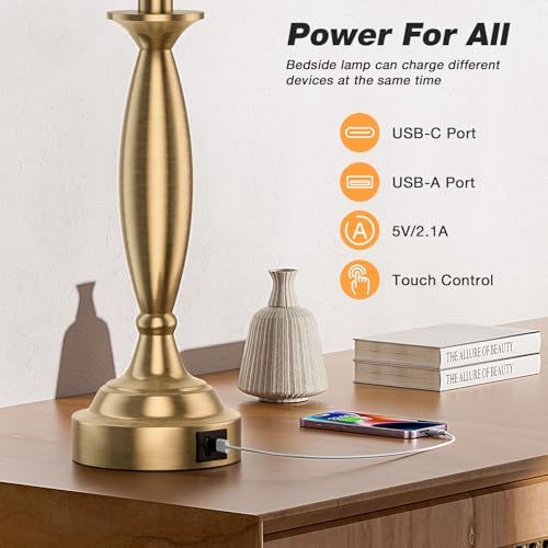 Bedroom Lamps for Nightstand, 3 Way Dimmable Gold Bedside Lamps with USB