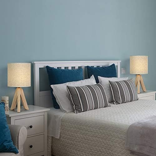 HAITRAL Small Table Lamps - Wooden Tripod Nightstand Lamps Set of 2 for Bedroom, Living Room, Office, Home with Fabric Linen Shade