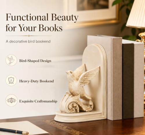 2PCS Vintage Bookends White Resin Decorative Bookends with Bird Bookends for Kids Rooms Decorative Book Ends for Heavy Books (White Bird)
