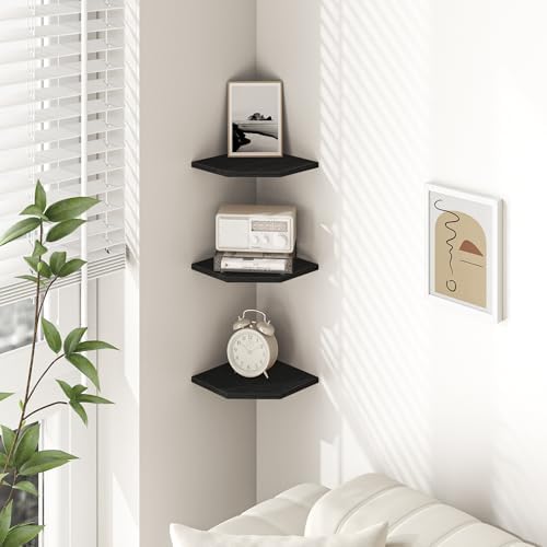 Fun Memories Corner Shelf Wall Mount, Floating Corner Shelves, Set of 3 Corner Wall Shelf Organizer, Rustic Wood Wall Storage Display Shelves for Living Room Bedroom Bathroom Kitchen, Classic Black
